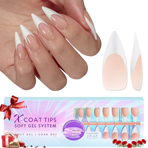 BTArtboxnails Soft Gel Nail Tips - Long Stiletto French Tip Press on Nails Nude X-coat Tips Acrylic Nail Tips Kit Fake Nails Gel Nails Supplies Glue on Nails Extension Tips