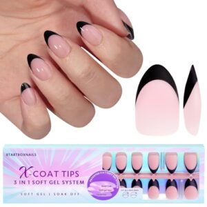 btartboxnails XCOATTIPS French Tip Nails - Soft Gel Black French Tip Press on Nails, Short Almond Nail Tips, Press on Nails Almond, Soak Off Acrylic Fake Nail Extension Set Pink Easter Gifts