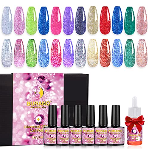 BURANO Reflective Glitter Gel Polish, 12 Colors Holographic Nail Polish Glitter Gel Nails, Soak Off UV Gel Nail Kit with Cuticle Oil Gift UV Lamp Required