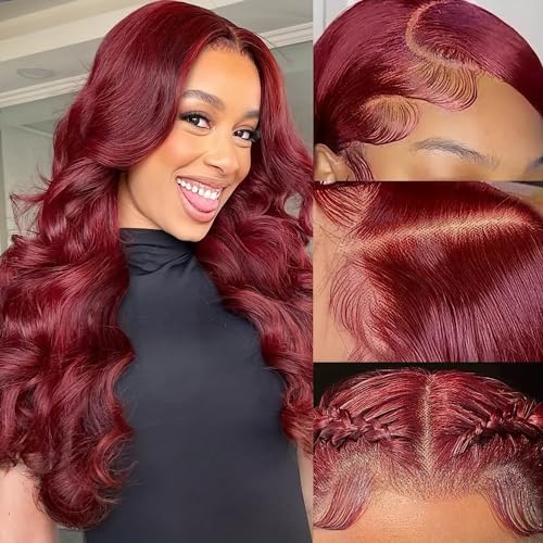 Burgundy 13x4 Lace Front Wigs Human Hair 99j Body Wave Frontal Wig Wine Red Wigs for Women Hd Transparent Pre Plucked With Baby Hair Glueless Burgundy Body Wave Colored Wig 180% Density 22''