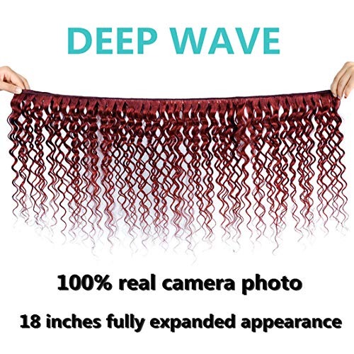 Burgundy Deep Wave Brazilian Human Virgin Hair Weft #99J Deep Curly Hair Bundles with 4x4 Lace Closure Wine Red Human Hair Bundles Double Weft Hair Weave (18 20 22 with 18C, Burgundy/99J) - Image 4