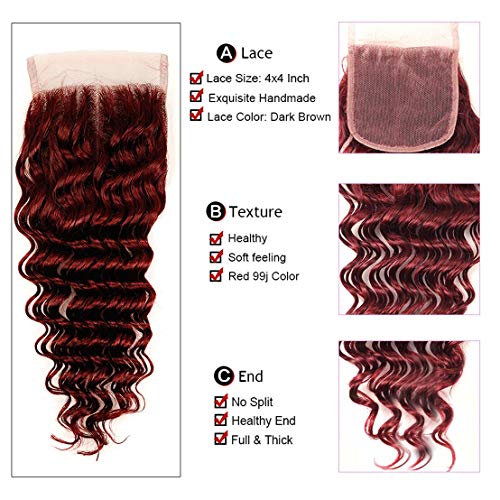 Burgundy Deep Wave Brazilian Human Virgin Hair Weft #99J Deep Curly Hair Bundles with 4x4 Lace Closure Wine Red Human Hair Bundles Double Weft Hair Weave (18 20 22 with 18C, Burgundy/99J) - Image 5