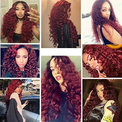 Burgundy Deep Wave Brazilian Human Virgin Hair Weft #99J Deep Curly Hair Bundles with 4x4 Lace Closure Wine Red Human Hair Bundles Double Weft Hair Weave (18 20 22 with 18C, Burgundy/99J) - Image 7