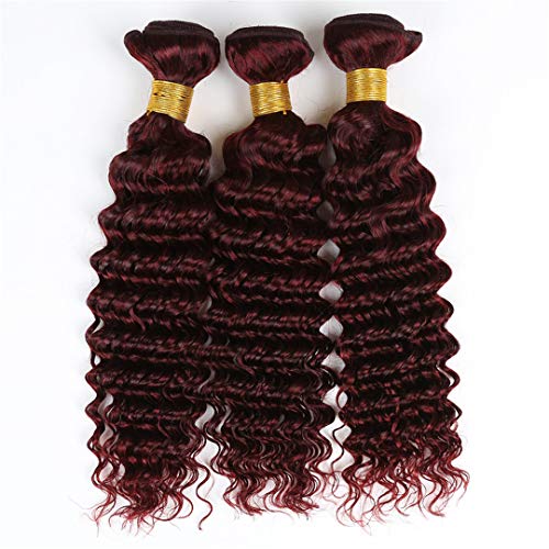 Burgundy Deep Wave Brazilian Human Virgin Hair Weft #99J Deep Curly Hair Bundles with 4x4 Lace Closure Wine Red Human Hair Bundles Double Weft Hair Weave (18 20 22 with 18C, Burgundy/99J) - Image 2