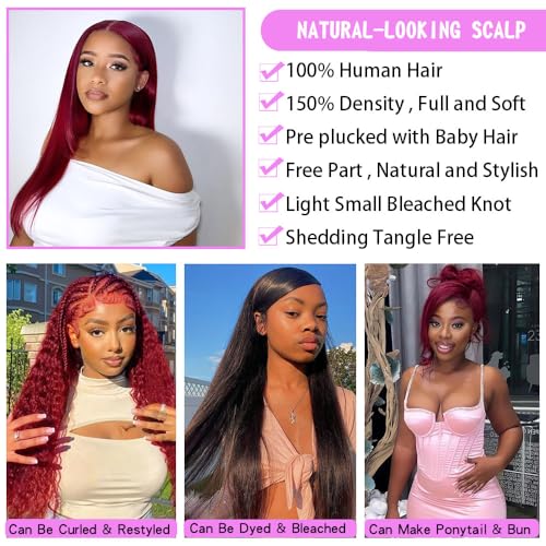Burgundy Lace Front Wigs Huamn Hair Red Wig Human Hair 13x4 Transparent Lace for Woman 180% Density Pre Plucked with Baby Hair (24Inch) - Image 3