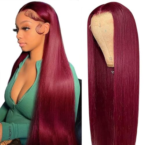 Burgundy Lace Front Wigs Huamn Hair Red Wig Human Hair 13x4 Transparent Lace for Woman 180% Density Pre Plucked with Baby Hair (24Inch)