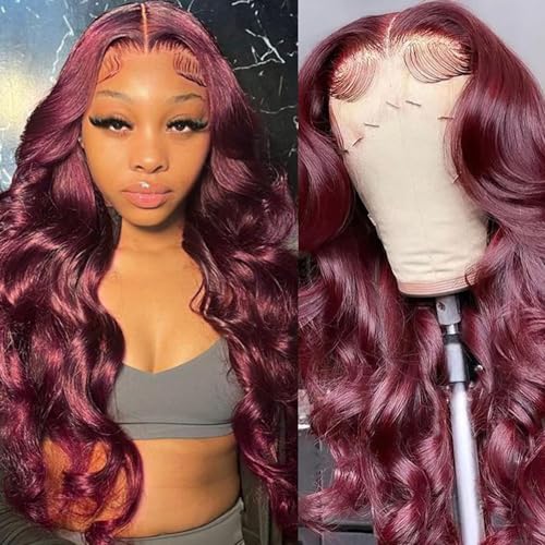 Burgundy Lace Front Wigs Human Hair 99j 13x6 Body Wave Lace Front Wigs Human Hair 180% Density Preplucked Virgin Hair Full and Thick HD Lace Front Wigs Human Hair for Women 28 inch