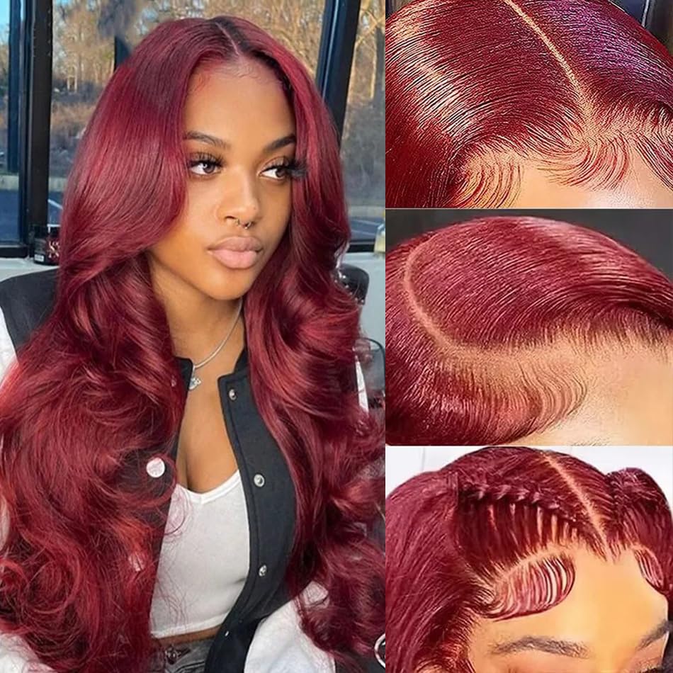 Burgundy Lace Front Wigs Human Hair 99J Body Wave 13x4 Transparent Lace 180% Density Glueless Wigs Human Hair Wine Red Colored Burgundy Wig Lace Frontal Wigs 22 inch