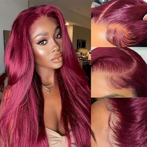 Burgundy Lace Front Wigs Human Hair 99j Straight 13x4 HD Lace Frontal Wigs Human Hair Pre Plucked with Baby Hair Glueless Wigs Wine Red Wig Human Hair 180% Density - Image 8