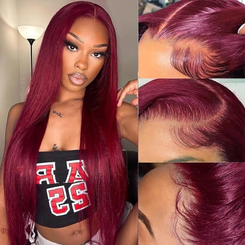 Burgundy Lace Front Wigs Human Hair 99j Straight 13x4 HD Lace Frontal Wigs Human Hair Pre Plucked with Baby Hair Glueless Wigs Wine Red Wig Human Hair 180% Density