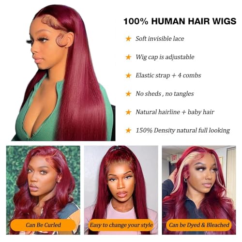 Burgundy Lace Front Wigs Human Hair 99j Straight 13x4 HD Lace Frontal Wigs Human Hair Pre Plucked with Baby Hair Glueless Wigs Wine Red Wig Human Hair 180% Density - Image 3