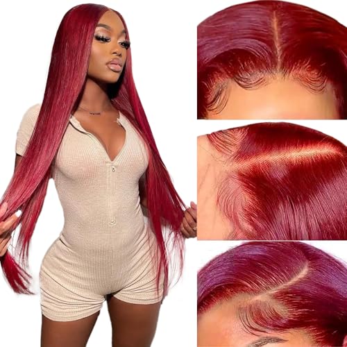 Burgundy Lace Front Wigs Human Hair Pre Plucked 180% Density 99J Straight 13X4 HD Lace Frontal Wigs Human Hair Glueless Wigs Human Hair Colored Brazilian Virgin Wig for Women 24Inch