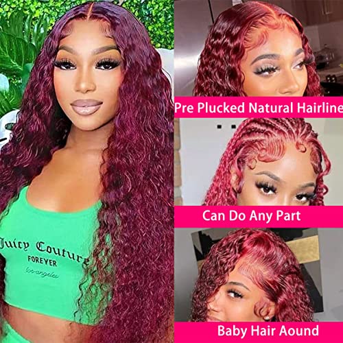 Burgundy Lace Front Wigs Human Hair Pre Plucked Deep Wave Wig 99J 13x4 HD Lace Frontal Wigs for Black Women Human Hair Wet and Wavy Red Deep Curly Wigs Glueless Colored Wigs Brazilian Virgin Human Hair Wigs with Baby Hair 26 Inch - Image 2