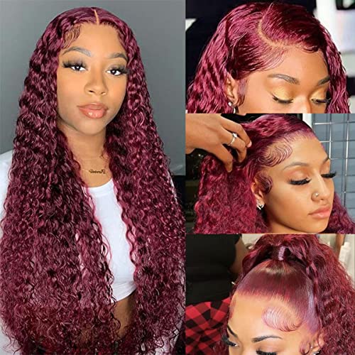 Burgundy Lace Front Wigs Human Hair Pre Plucked Deep Wave Wig 99J 13x4 HD Lace Frontal Wigs for Black Women Human Hair Wet and Wavy Red Deep Curly Wigs Glueless Colored Wigs Brazilian Virgin Human Hair Wigs with Baby Hair 26 Inch