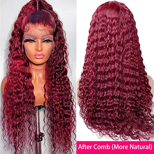 Burgundy Lace Front Wigs Human Hair Pre Plucked Deep Wave Wig 99J 13x4 HD Lace Frontal Wigs for Black Women Human Hair Wet and Wavy Red Deep Curly Wigs Glueless Colored Wigs Brazilian Virgin Human Hair Wigs with Baby Hair 26 Inch - Image 3