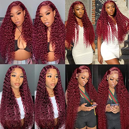 Burgundy Lace Front Wigs Human Hair Pre Plucked Deep Wave Wig 99J 13x4 HD Lace Frontal Wigs for Black Women Human Hair Wet and Wavy Red Deep Curly Wigs Glueless Colored Wigs Brazilian Virgin Human Hair Wigs with Baby Hair 26 Inch - Image 6