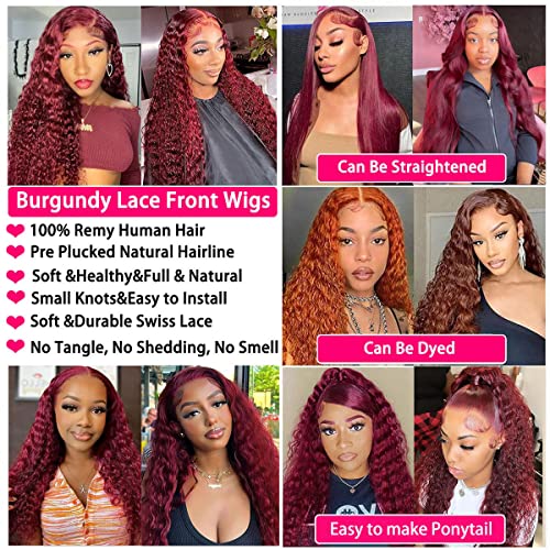 Burgundy Lace Front Wigs Human Hair Pre Plucked Deep Wave Wig 99J 13x4 HD Lace Frontal Wigs for Black Women Human Hair Wet and Wavy Red Deep Curly Wigs Glueless Colored Wigs Brazilian Virgin Human Hair Wigs with Baby Hair 26 Inch - Image 4