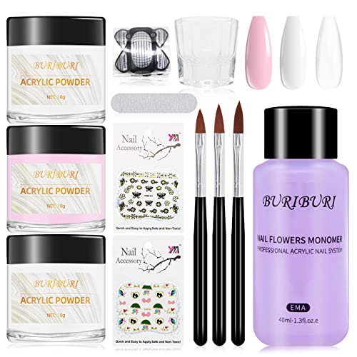 BURIBURI Acrylic Nail Powder Gifts Set 11Pcs with Acrylic Nail Brush, 3 Colors Clear White Pink Acrylic Powder for Acrylic Nail Extension Carving Nails Salon No Nail Lamp Needed (SET-02)