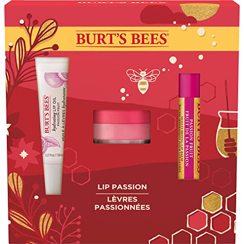 Burt's Bees Christmas Gifts, 3 Lip Care Stocking Stuffers Products, Lip Passion Set - Passionfruit Moisturizing Lip Balm, Overnight Intensive Lip Treatment & Hydrating Lip Oil