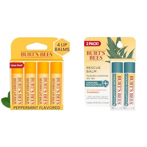 Burt's Bees Lip Balm Easter Basket Stuffers - Original Beeswax, With Rescue Balm Cooling Eucalyptus, Moisturizer For Dry Lips, 6 Tubes