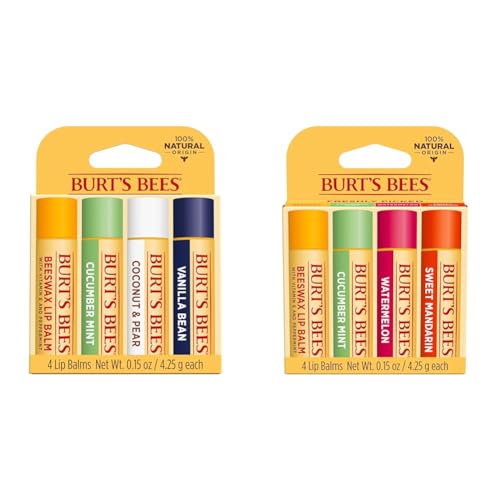 Burt's Bees Lip Balm Stocking Stuffers, Moisturizing Lip Care Christmas Gifts, Sweet Sorbet & Beeswax, Cucumber Mint, Watermelon and Sweet Mandarin Lip Balm Pack