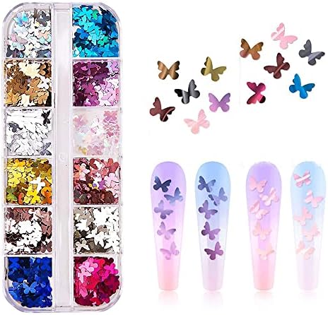 Butterfly Nail Art Glitter Sequins Flywindy 3D Chunky Flakes Sparkly Laser Butterflies Glitter Butterflies Nail Stickers Decals Acrylic Nail Art Manicure Paillettes for DIY Nail Decorations
