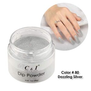 C & I Dip Powder, Color No # 80 Dazzling Silver, Nail Gel Effect Powder, Pearl Shine Color System, 1 oz 28 g