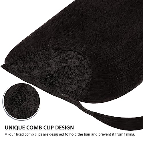 Caliee Human Hair Ponytail Extensions for Women Clip in Ponytail 18Inch 80G 1B Natural Black Real Human Hair Wrap Around Ponytail Hair Piece with Clip Magic Paste Ponytail Hairpiece One Piece - Image 5
