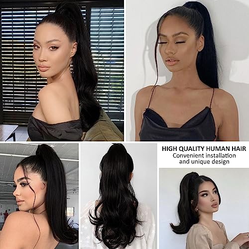 Caliee Human Hair Ponytail Extensions for Women Clip in Ponytail 18Inch 80G 1B Natural Black Real Human Hair Wrap Around Ponytail Hair Piece with Clip Magic Paste Ponytail Hairpiece One Piece - Image 8