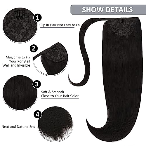 Caliee Human Hair Ponytail Extensions for Women Clip in Ponytail 18Inch 80G 1B Natural Black Real Human Hair Wrap Around Ponytail Hair Piece with Clip Magic Paste Ponytail Hairpiece One Piece - Image 3