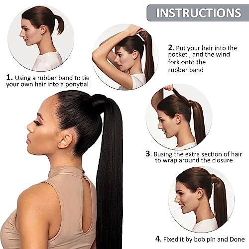 Caliee Human Hair Ponytail Extensions for Women Clip in Ponytail 18Inch 80G 1B Natural Black Real Human Hair Wrap Around Ponytail Hair Piece with Clip Magic Paste Ponytail Hairpiece One Piece - Image 4