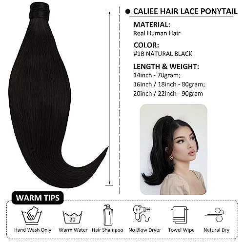 Caliee Human Hair Ponytail Extensions for Women Clip in Ponytail 18Inch 80G 1B Natural Black Real Human Hair Wrap Around Ponytail Hair Piece with Clip Magic Paste Ponytail Hairpiece One Piece - Image 2