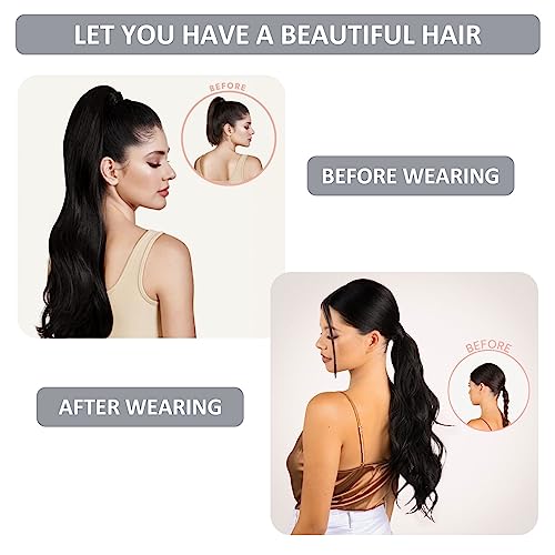Caliee Human Hair Ponytail Extensions for Women Clip in Ponytail 18Inch 80G 1B Natural Black Real Human Hair Wrap Around Ponytail Hair Piece with Clip Magic Paste Ponytail Hairpiece One Piece - Image 7