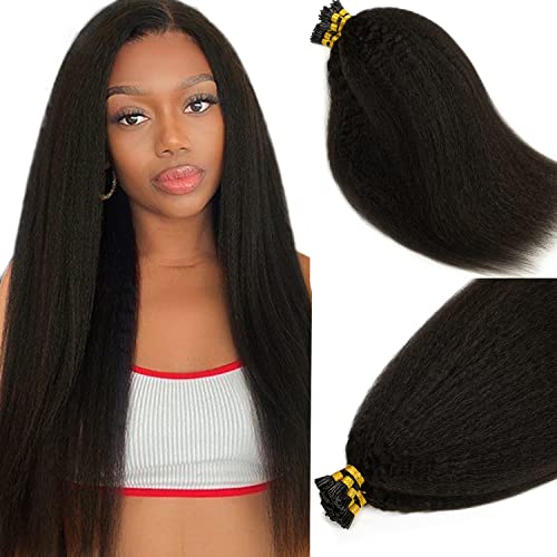 Caliee I Tip Hair Extensions Kinky Straight Human Hair Extensions Natural Black Color 1B 12 Inch, I Tip Human Hair Extensions for Black Women Real Remy Hair Extension 40gram 50Strands/Pack