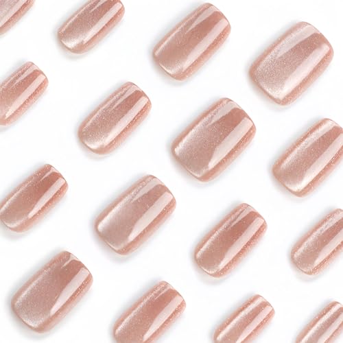 Cat Eye Press on Nails Medium Brown Square Fake Nails, Holographic Glitter Acrylic Nails Kits, Salon Quality False Nails Glue Full Cover Nail Tips 24 Pcs - Image 3