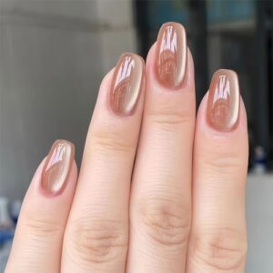Cat Eye Press on Nails Medium Brown Square Fake Nails, Holographic Glitter Acrylic Nails Kits, Salon Quality False Nails Glue Full Cover Nail Tips 24 Pcs