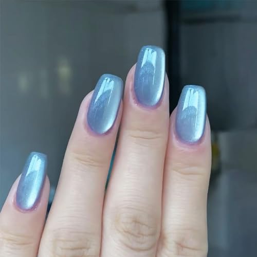 Cat Eye Press on Nails Medium Square Fake Nails Blue Glossy Acrylic Fake Nails Glitter Glue on Nails Full Cover Finish False Nails Stick on Nails for Women Girls 24Pcs