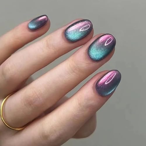 Cat Eye Press on Nails Round Shape Colorful Fake Nails Short Length with Glossy Gradient False Nails Glue on Nails Full Cover Colorful Cat Eye Designs Acrylic Nails for Women Girls Manicure Art 24 Pcs
