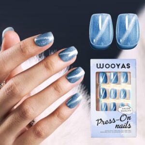 Cat Eye Press on Nails Short, Ice Blue Cat Eye Fake Nails Square, Handmade False Nails Made by Soft Gel, Reusable Lightweight Natural Magnetic Glue on Nails for Women Girls