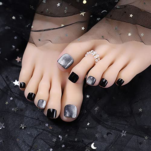 Cat Eye Press On Toenails-Angel’s kiss,Short Black & Silver Cat Eye Press On Toenails,Square Acrylic acrylic Fake Toenails,Full Cover Glossy Reusable False Toenails for Women & Girls