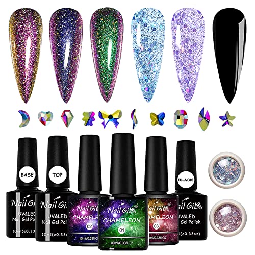 Chameleon Gel Nail Polish Kit with Base Top Coat Gel Rhinestones, Galaxy Holographic Gel Polish with Glitter Cloud Sequin Gift Set Professional Use for Salon DIY at Home