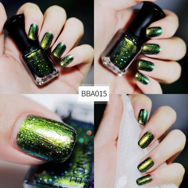 Chameleon Nail Polish Green Color Shifting, Galaxy Glossy Holographic Gel Nail Polish Glitter Fast Dry Polish, High Shine Finish Glossy Halo Manicure Set for Home Salon - Image 3
