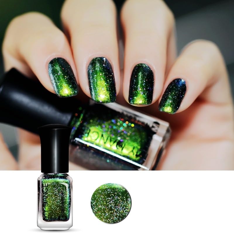 Chameleon Nail Polish Green Color Shifting, Galaxy Glossy Holographic Gel Nail Polish Glitter Fast Dry Polish, High Shine Finish Glossy Halo Manicure Set for Home Salon