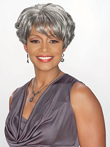 Charlotte Wig Color 3T44 - Foxy Silver Wigs Short Wedge Style Stacked Layers Wispy Side Swept Bangs Synthetic African American Average Cap