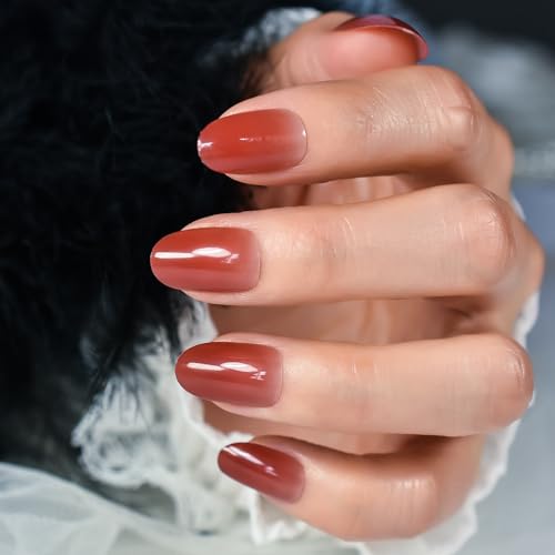 Charming Press On Nails Nude Red Gradient False Nails Glossy Oval Medium Length Acrylic Nail Art Tips Salon DIY Womens Girls Manicure Reusable Fake Nails for Daily Office Home Party