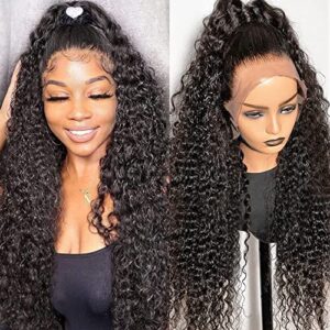 CHEETAHBEAUTY 250% Density Deep Wave 13X6 HD Transparent Lace Front Wigs Human Hair Brazilian 10A Grade Deep Curly Wigs for Black Women Pre Plucked with Baby Hair Natural Black (32inch)