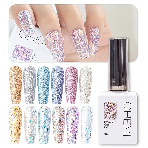 CHEMI Glitter Gel Nail Polish Set No.1 Professional Nail Art Gel Polish - 0.35oz (10ml) Pack of 12 Bottles Made in Korea