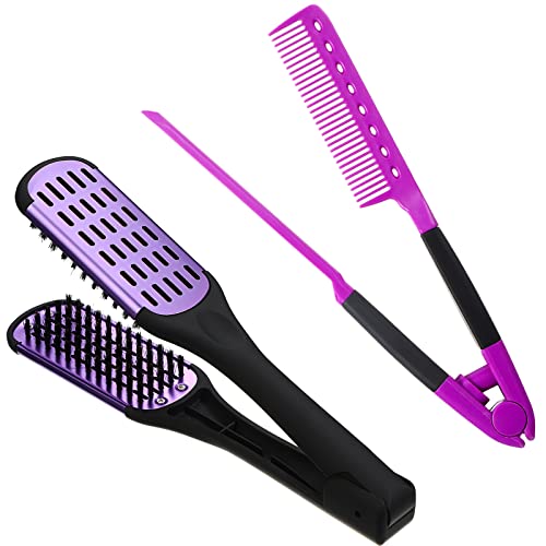 Chengu 2 Pcs Straightening Comb For Hair, Boar Bristles Clamp Double Sided Brush Hair Straightening Brushes Comb Flat Iron Comb Hair Styling for Straightening Knotty Unkempt Hair (Black, Purple)