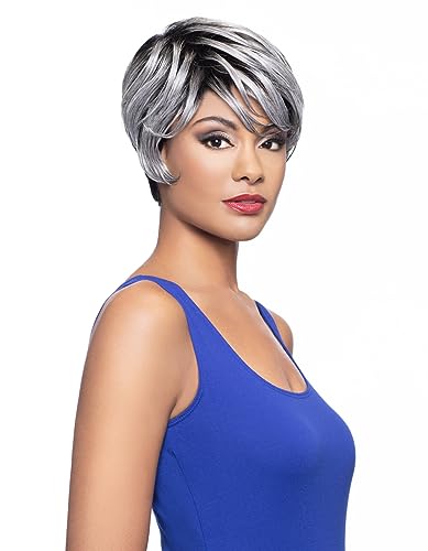 Chloe Wig Color 60 Wigs Short Boy Cut Straight Wispy Bangs Fusion Heat Synthetic Side Part African American Average Cap Bundle Hairloss Booklet, Comb