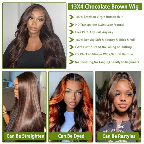 Chocolate Brown Body Wave Lace Front Wigs Human Hair 13x4 Transparent Glueless Lace Wigs Human Hair Pre Plucked with Natural Hairline 180% Density Colored Body Wave Lace Frontal Wig - Image 5
